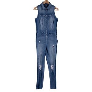 Bebe Denim Jumpsuit Women 29 Blue Distressed Sleeveless Full Zip Edgy Streetwear